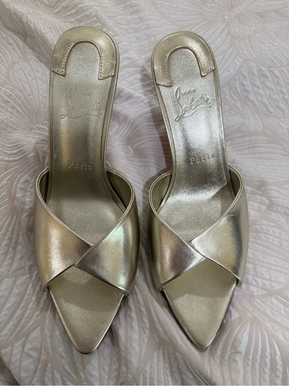 Metallic Champagne Crossband Pointed Slide Mules - Picture 1 of 3